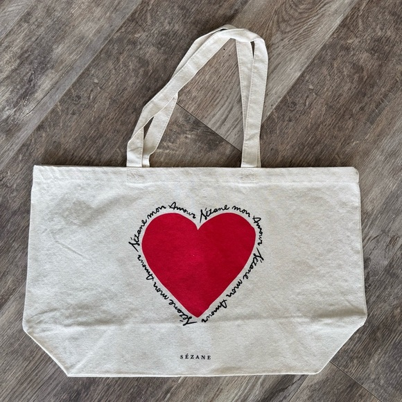 NWOT! Sezane Limited Edition Mon Amour Red Heart Canvas Cream Ecru Tote Bag - Picture 5 of 5